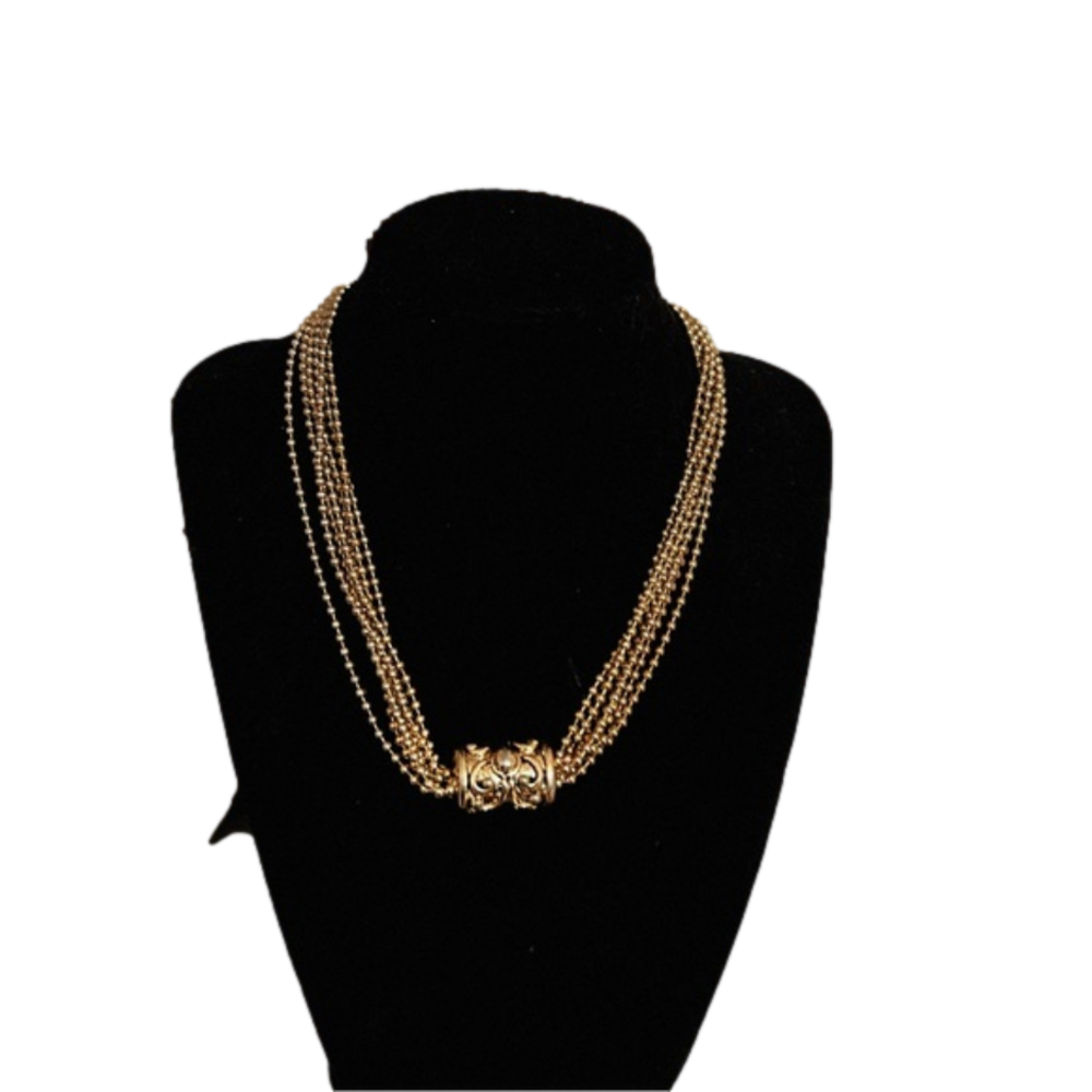 Unique Vintage Gold Multi-Strand Beaded Necklace with Filigree Clasp